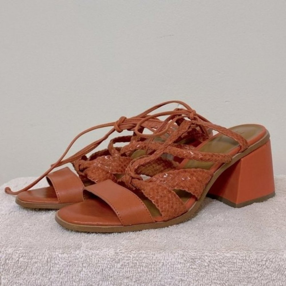 H  by Halston Orange Braided Leather Heeled Strappy Tie Up Sandals 95